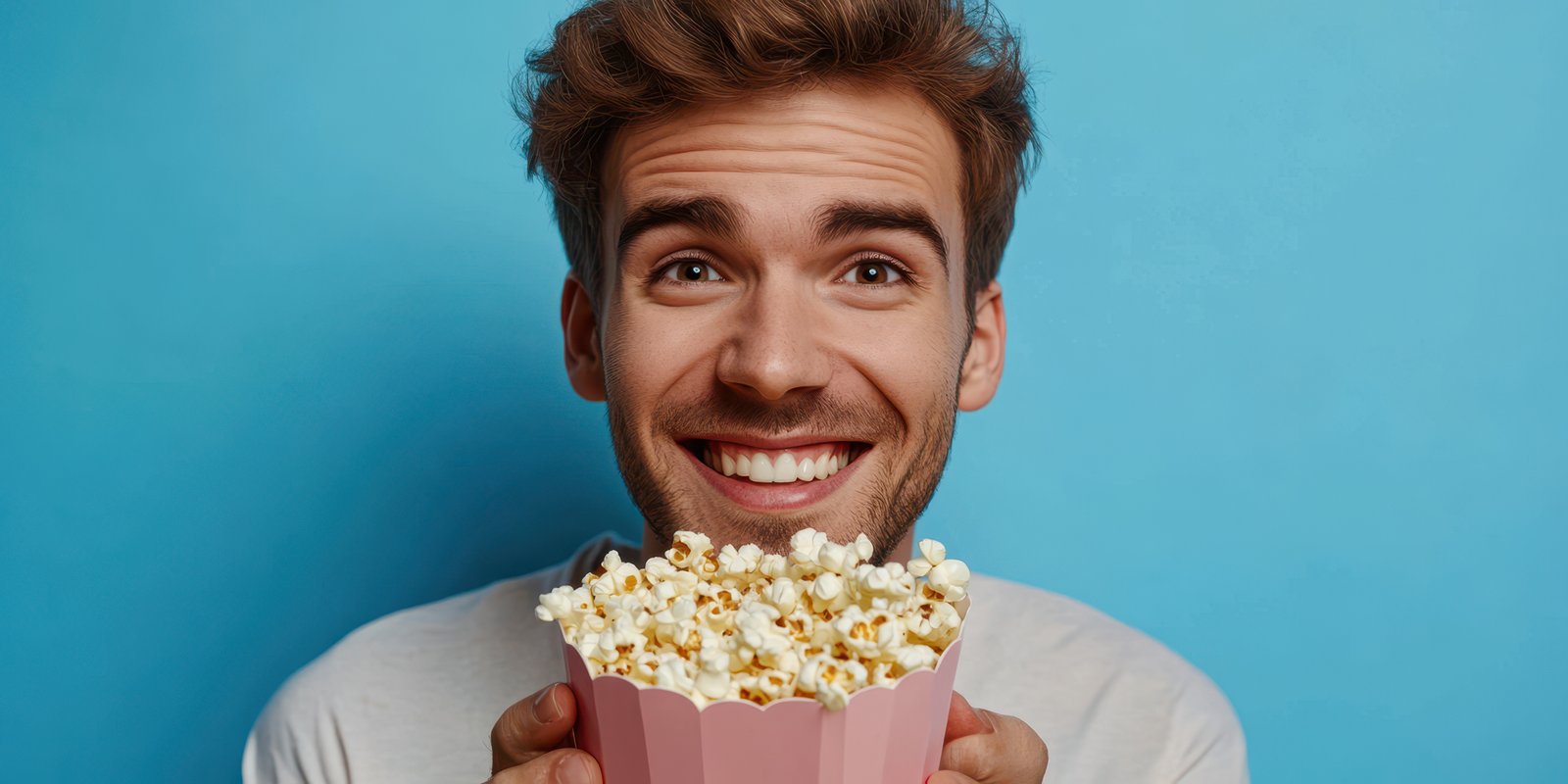 Happy young man enjoying popcorn against a bright blue background while celebrating a fun movie night with friends